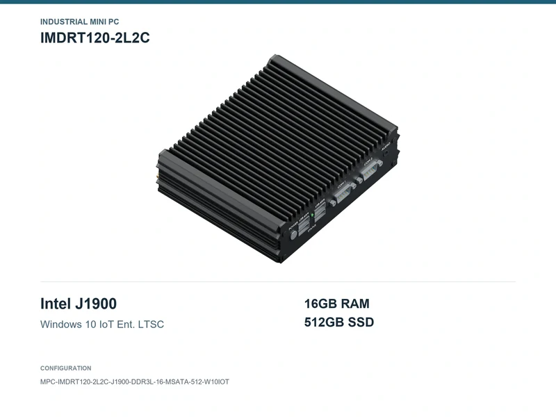 IMDRT120-2L2C Fanless Mini PC - Celeron J1900, 16GB, 512GB mSATA, Windows 10 IoT LTSC