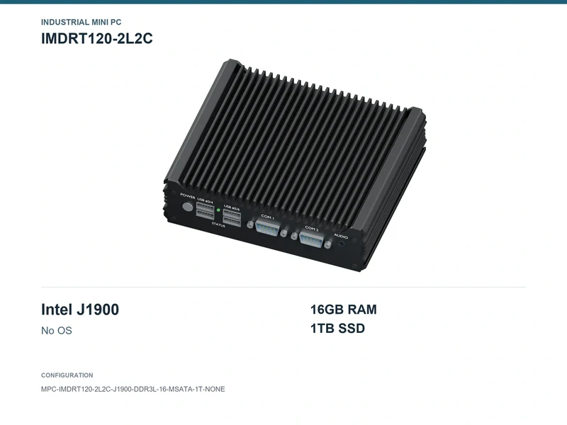 IMDRT120-2L2C Fanless Mini PC - Celeron J1900, 16GB, 1TB mSATA, No OS