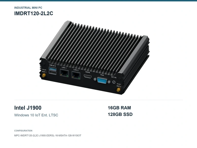 IMDRT120-2L2C Fanless Mini PC - Celeron J1900, 16GB, 128GB mSATA, Windows 10 IoT LTSC
