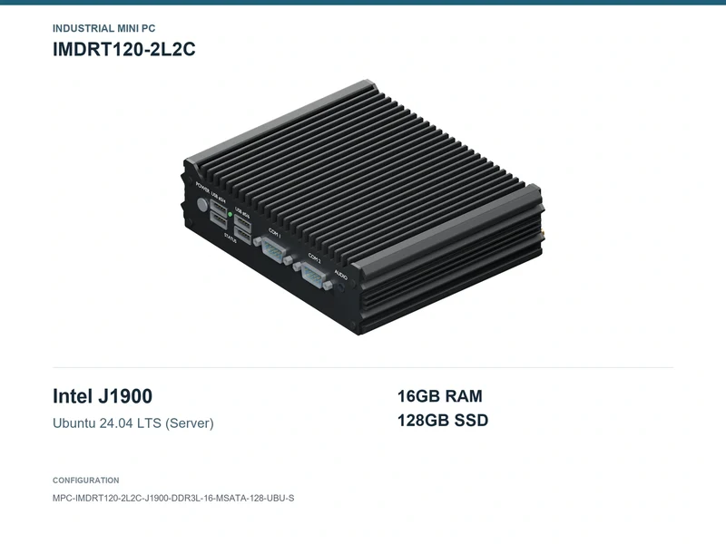 IMDRT120-2L2C Fanless Mini PC - Celeron J1900, 16GB, 128GB mSATA, Ubuntu Server