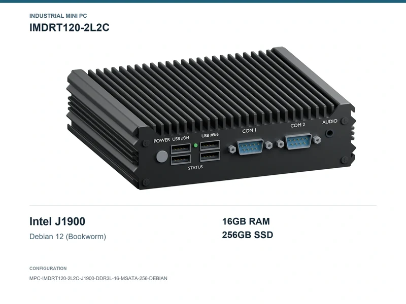 IMDRT120-2L2C Fanless Mini PC - Celeron J1900, 16GB, 256GB mSATA, Debian 12