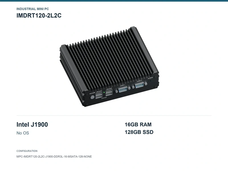 IMDRT120-2L2C Fanless Mini PC - Celeron J1900, 16GB, 128GB mSATA, No OS