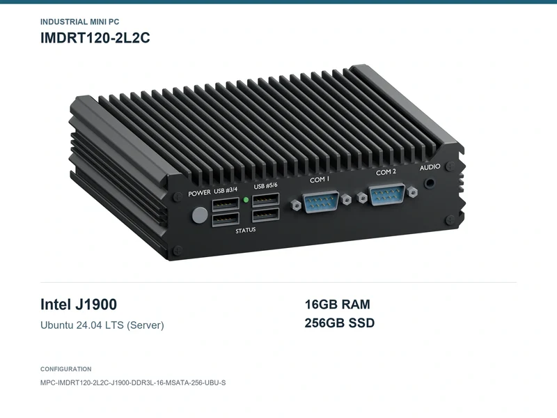IMDRT120-2L2C Fanless Mini PC - Celeron J1900, 16GB, 256GB mSATA, Ubuntu Server
