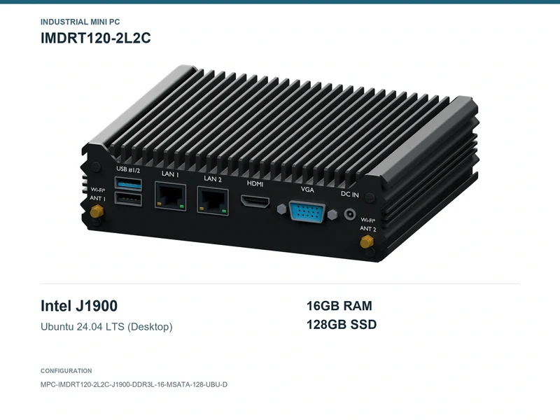 IMDRT120-2L2C Fanless Mini PC - Celeron J1900, 16GB, 128GB mSATA, Ubuntu Desktop