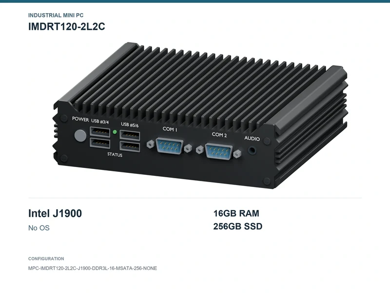 IMDRT120-2L2C Fanless Mini PC - Celeron J1900, 16GB, 256GB mSATA, No OS