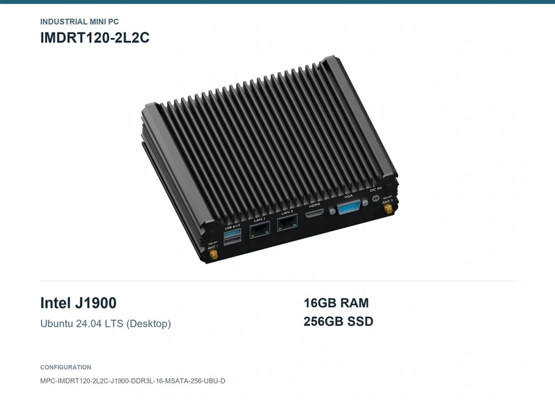 IMDRT120-2L2C Fanless Mini PC - Celeron J1900, 16GB, 256GB mSATA, Ubuntu Desktop