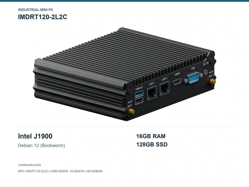 IMDRT120-2L2C Fanless Mini PC - Celeron J1900, 16GB, 128GB mSATA, Debian 12