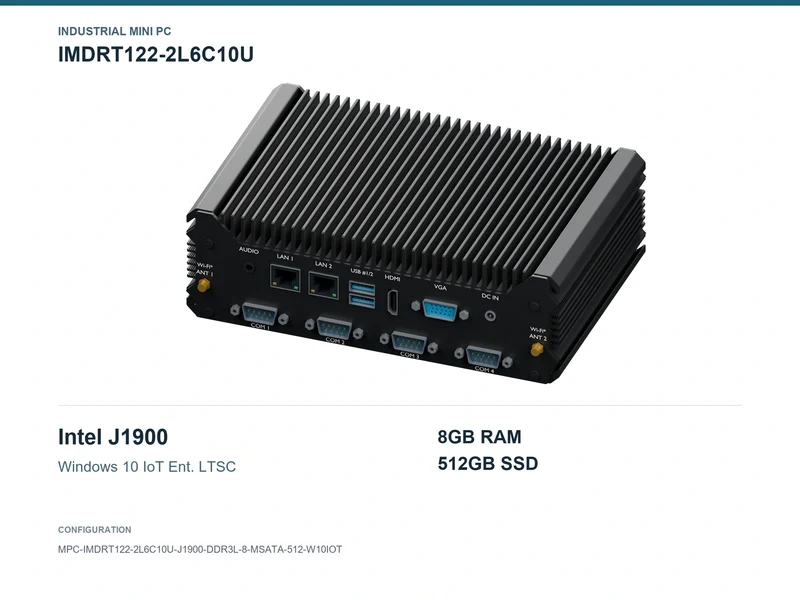 IMDRT122-2L6C10U Fanless Mini PC - Celeron J1900, 8GB, 512GB mSATA, Windows 10 IoT LTSC