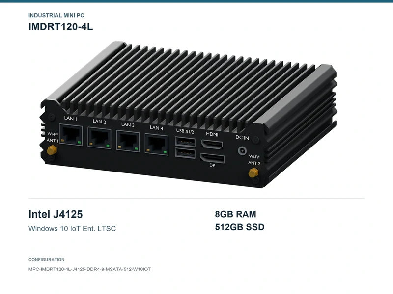 IMDRT120-4L Fanless Mini PC - Celeron J4125, 8GB, 512GB mSATA, Windows 10 IoT LTSC