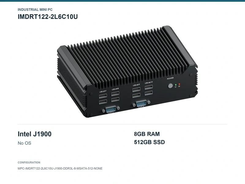 IMDRT122-2L6C10U Fanless Mini PC - Celeron J1900, 8GB, 512GB mSATA, No OS