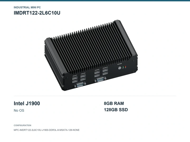 IMDRT122-2L6C10U Fanless Mini PC - Celeron J1900, 8GB, 128GB mSATA, No OS