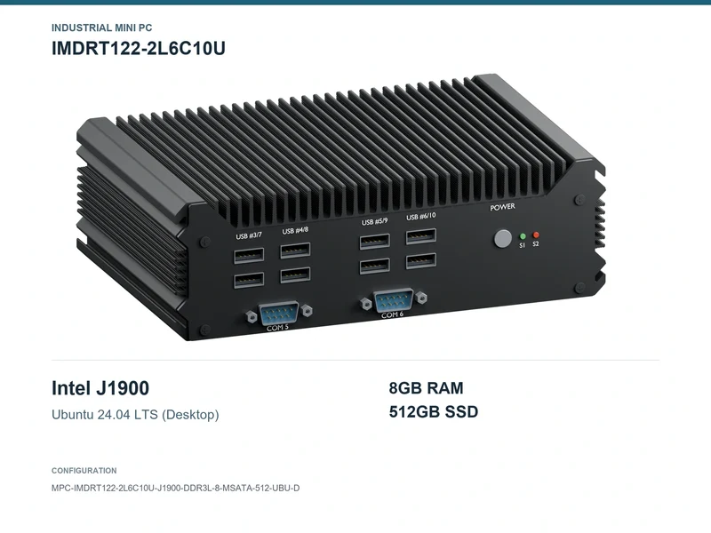 IMDRT122-2L6C10U Fanless Mini PC - Celeron J1900, 8GB, 512GB mSATA, Ubuntu Desktop