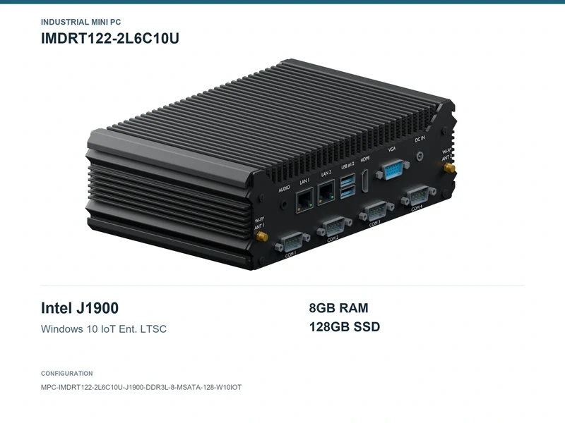IMDRT122-2L6C10U Fanless Mini PC - Celeron J1900, 8GB, 128GB mSATA, Windows 10 IoT LTSC