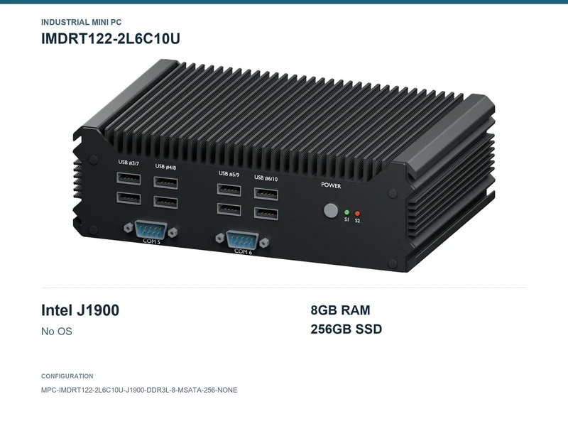 IMDRT122-2L6C10U Fanless Mini PC - Celeron J1900, 8GB, 256GB mSATA, No OS