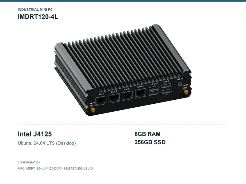 IMDRT120-4L Fanless Mini PC - Celeron J4125, 8GB, 256GB mSATA, Ubuntu Desktop