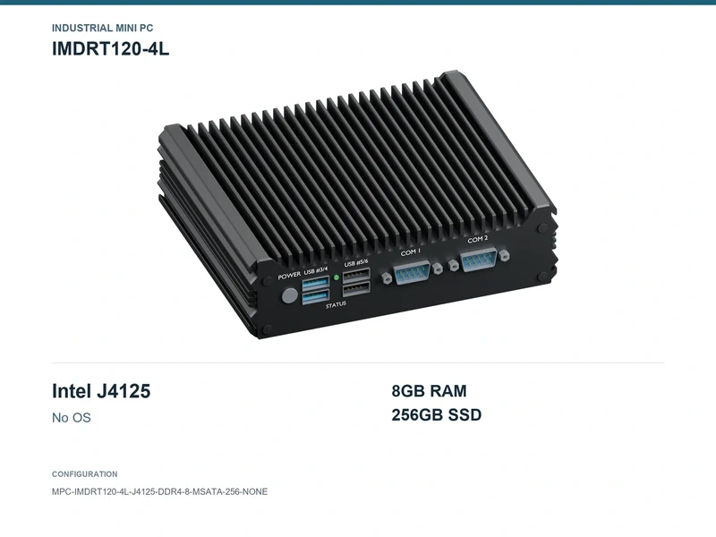 IMDRT120-4L Fanless Mini PC - Celeron J4125, 8GB, 256GB mSATA, No OS