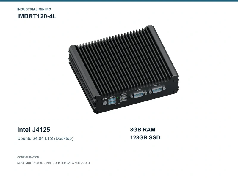 IMDRT120-4L Fanless Mini PC - Celeron J4125, 8GB, 128GB mSATA, Ubuntu Desktop