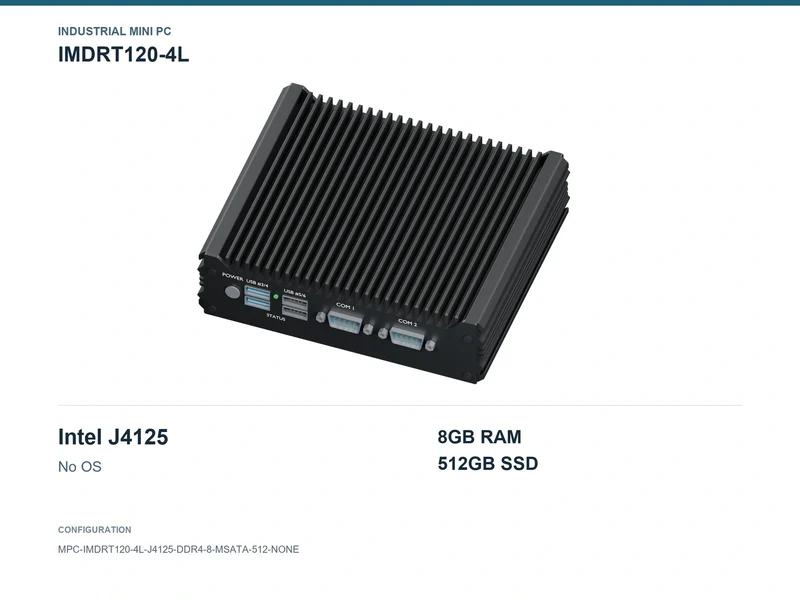 IMDRT120-4L Fanless Mini PC - Celeron J4125, 8GB, 512GB mSATA, No OS