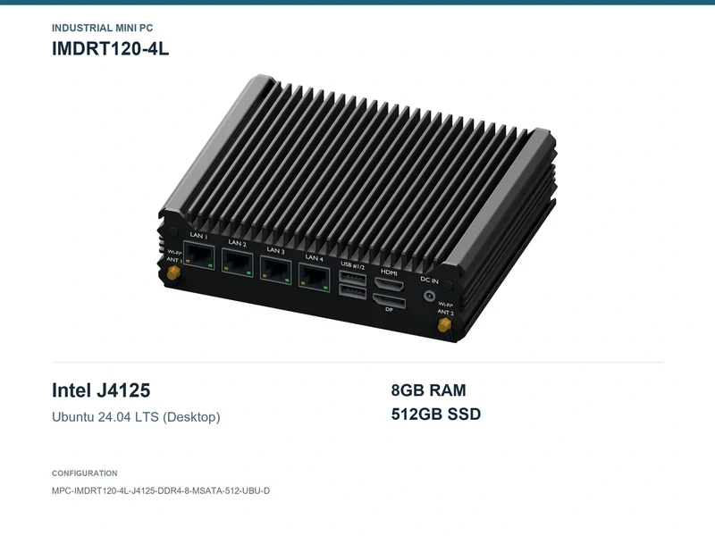 IMDRT120-4L Fanless Mini PC - Celeron J4125, 8GB, 512GB mSATA, Ubuntu Desktop