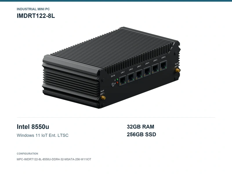 IMDRT122-8L Fanless Mini PC - Core i7-8550U, 32GB, 256GB mSATA, Windows 11 IoT LTSC