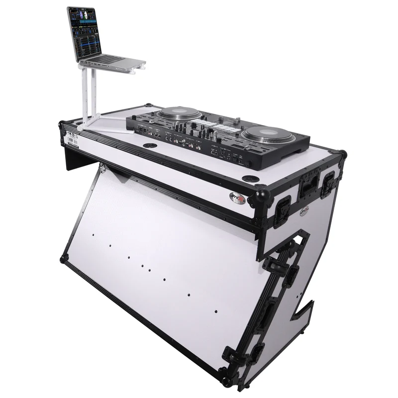 ProX Z-Table Folding DJ Table Mobile DJ Workstation With Wheels | Black/White