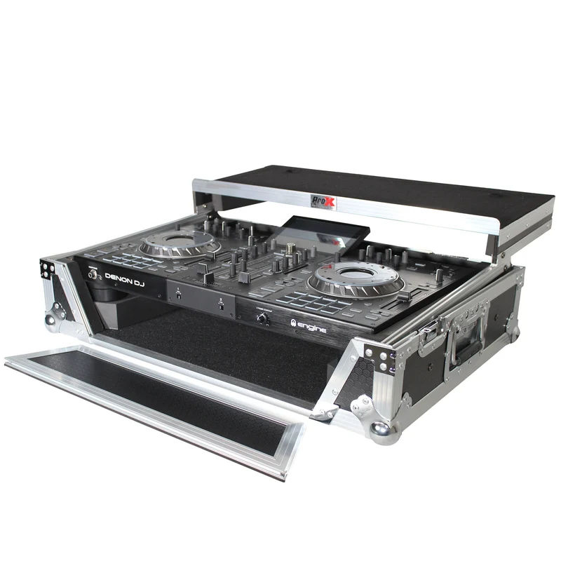 ProX ATA Flight Case for Denon PRIME 2 DJ Controller With Laptop Shelf | Silver on Black
