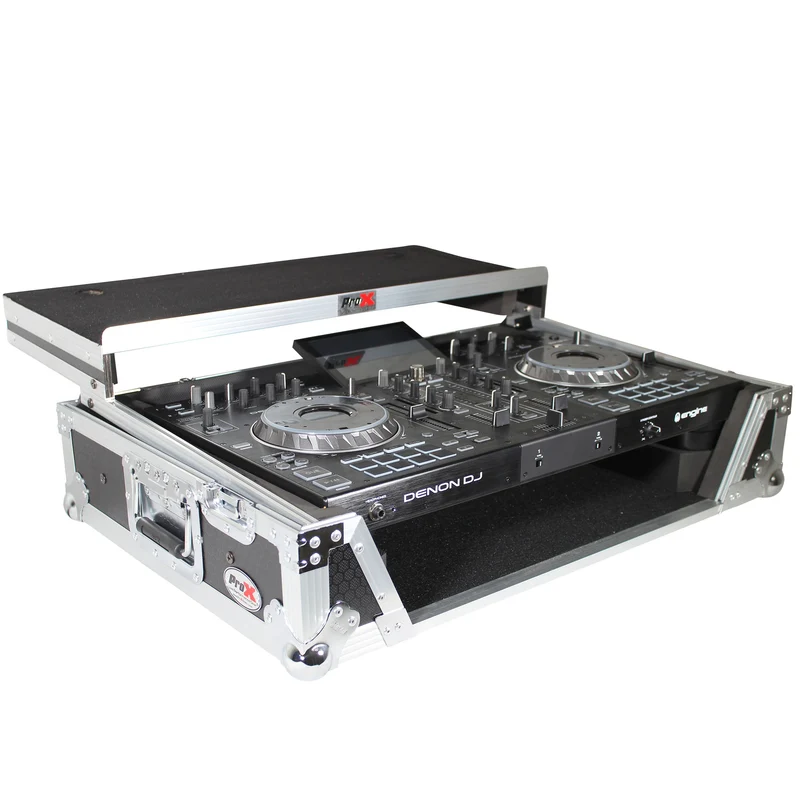 ProX ATA Flight Case for Denon PRIME 2 DJ Controller With Laptop Shelf | Silver on Black