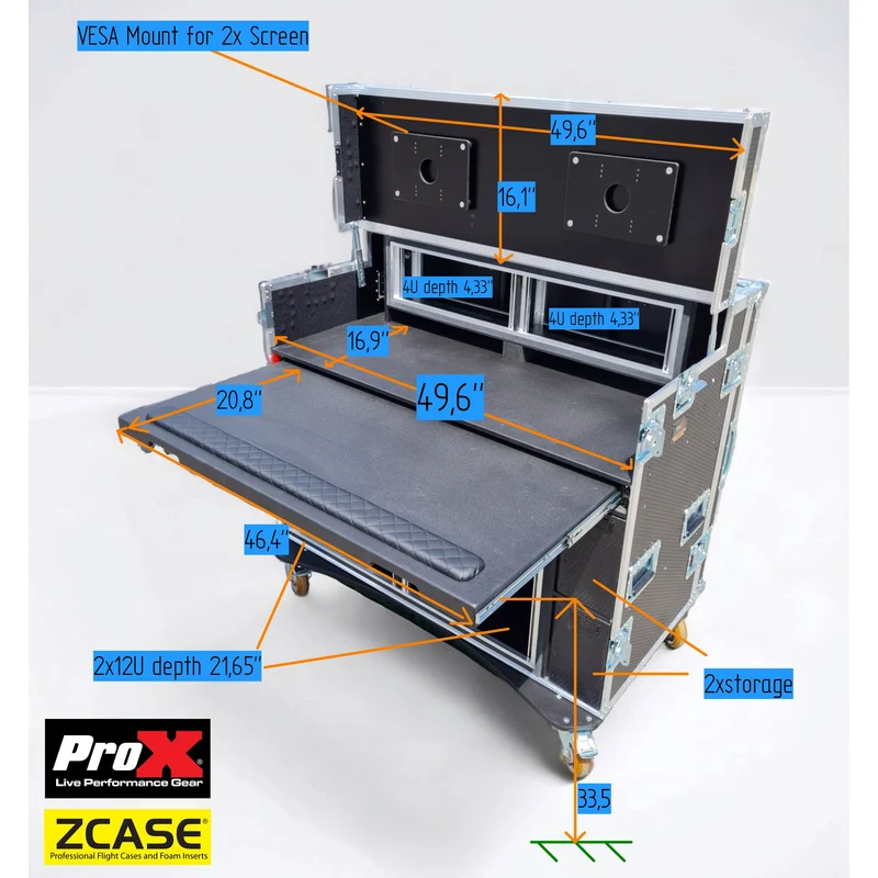 ProX Mobile AV Broadcasting Workstation Case Portable Rack Desk | 2x4U Top + 2x12U Bottom | Black