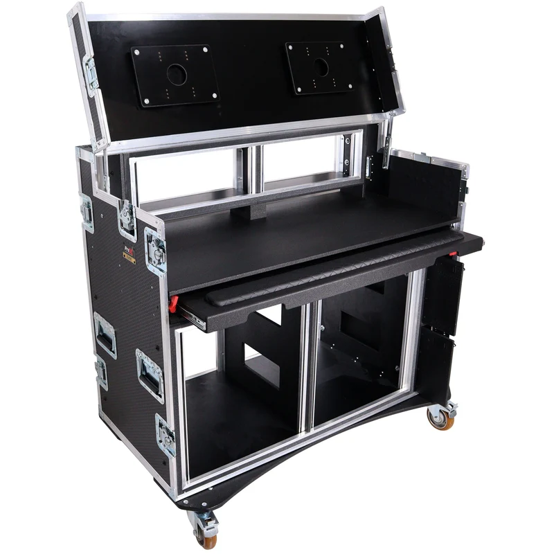 ProX Mobile AV Broadcasting Workstation Case Portable Rack Desk | 2x4U Top + 2x12U Bottom | Silver/Black