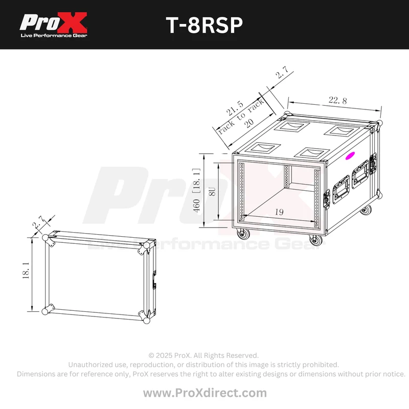 ProX T-8RSP 8U Shockproof Rack Mount Flight Case With Casters