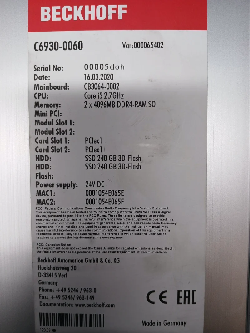 Beckhoff Industrie PC C6930-0060 SSD 240GB 3D-Flash 2x