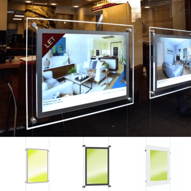 Seilsystem LED Acryl- Posterhalter Hochformat mit frontaler Befestigung DIN A1