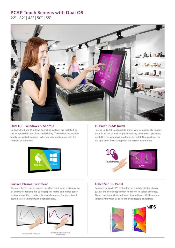 MultiTouch Android- Werbebildschirm für Bodenständer, Decken- oder Wandhalterung, 22" - 55"