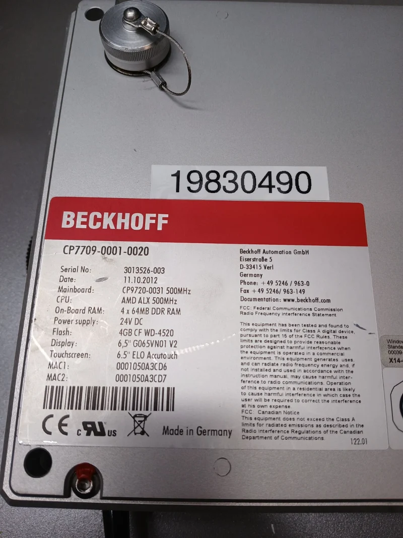 Beckhoff CP7709-0001-0020 Panel PC 6,5" Touch AMD 500MHz 256 MB RAM 24V DC