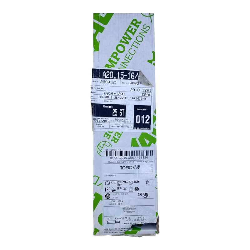 WAGO Durchgangsklemme 2-Leiter 10mm² 800V 65A 2010-1201 VE: 17 Stk