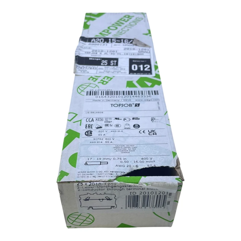 WAGO Durchgangsklemme 2-Leiter 10mm² 800V 65A 2010-1201 VE: 17 Stk