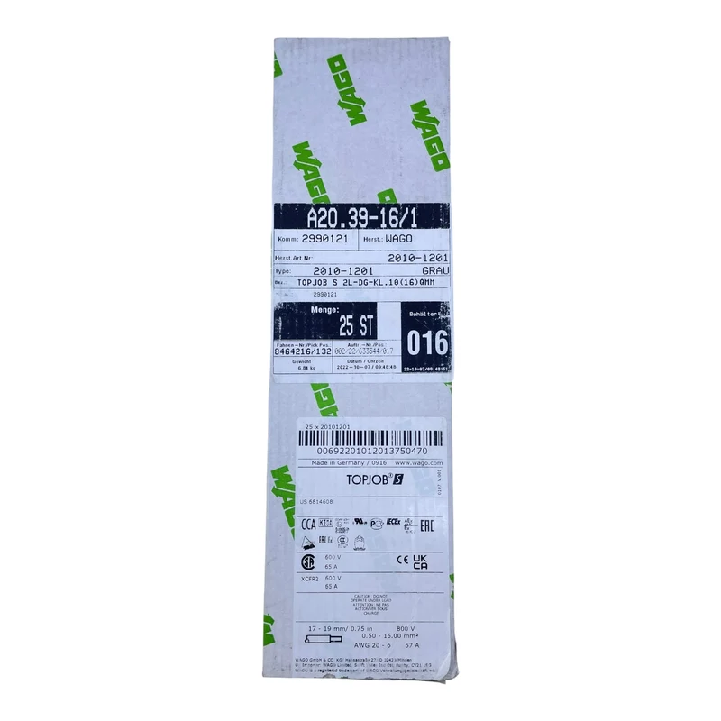 WAGO Durchgangsklemme 2-Leiter 10mm² 800V 65A 2010-1201 VE: 23 Stk