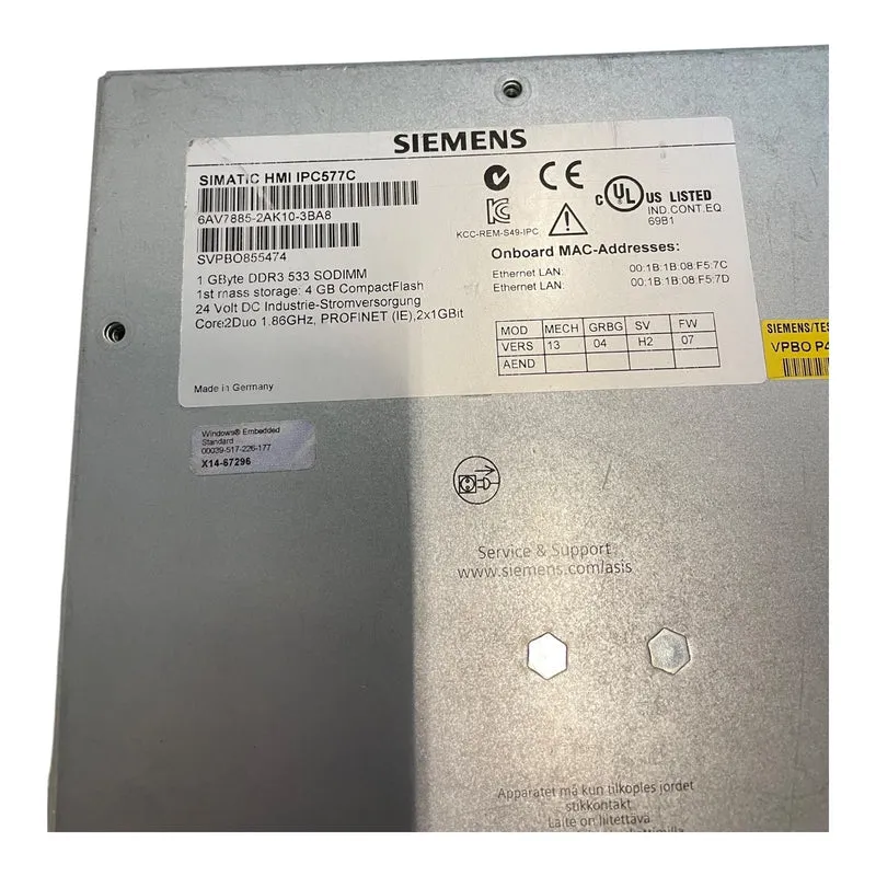Siemens SIMATIC HMI IPC577C Panel PC 6AV7885-2AK10-3BA8 Touchscreen 24V DC