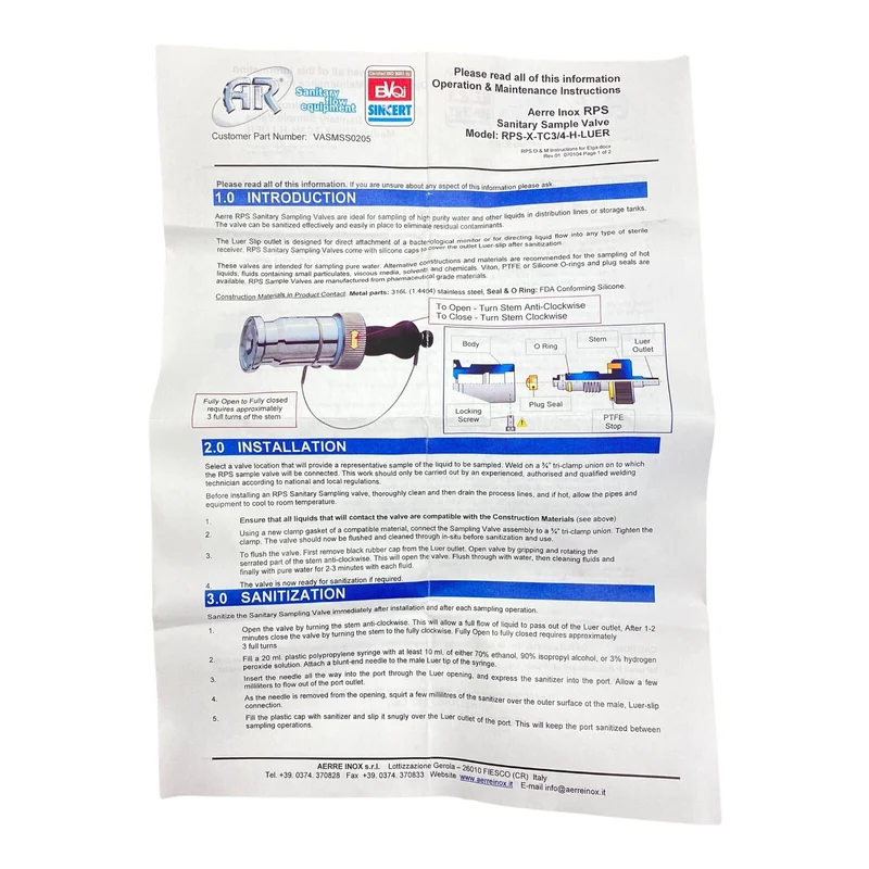 AERRE INOX s.r.l RPS-X-TC3/4-H-LUER Sicherheitsventil für industriellen Einsatz